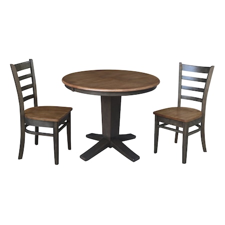 International Concepts 36 in. Solid Wood Round Extension Dining Table with 2 Dining Chairs in Hickory/Washed Coal K45-36RXT-23B-C617-2
